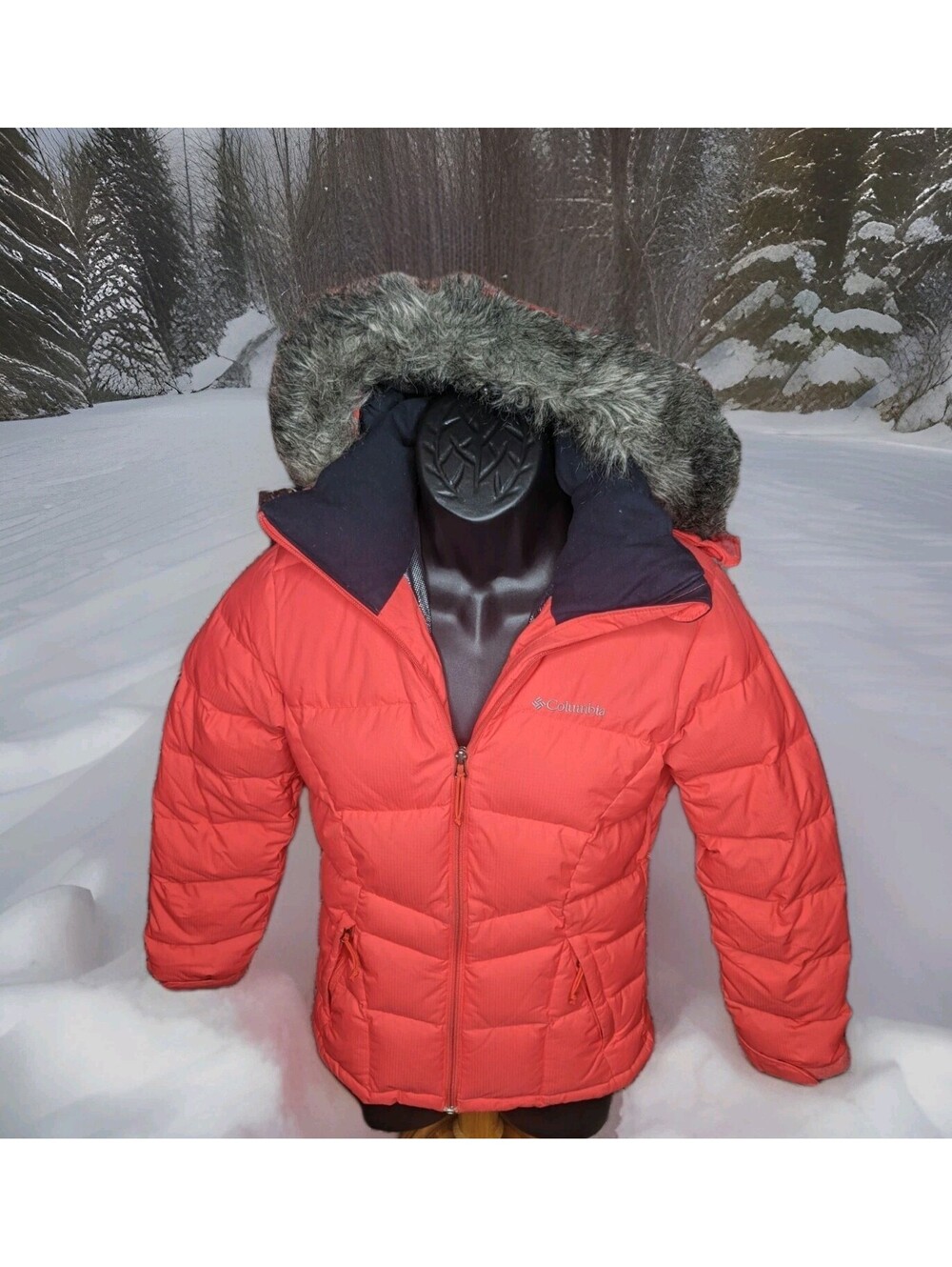 Columbia Down Winter Ski Jacket Women XS X-Small Midnight Coat Fur Red OMNI-HEAT